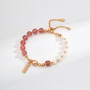 💖 Artisan Original Strawberry Quartz & Pearl Bracelet | S925 Gold Adjustable